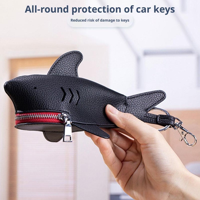 Shark Shaped Key Case - Genuine Leather Car Key Protective Bag with Zipper and Hook, Capacity Keychain for Adult (Red) - Image 3